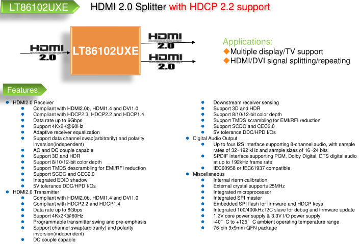 LT86102UXE-HDMI2.0 1進(jìn)2出分配器，內(nèi)置MCU,支持藍(lán)光播放器